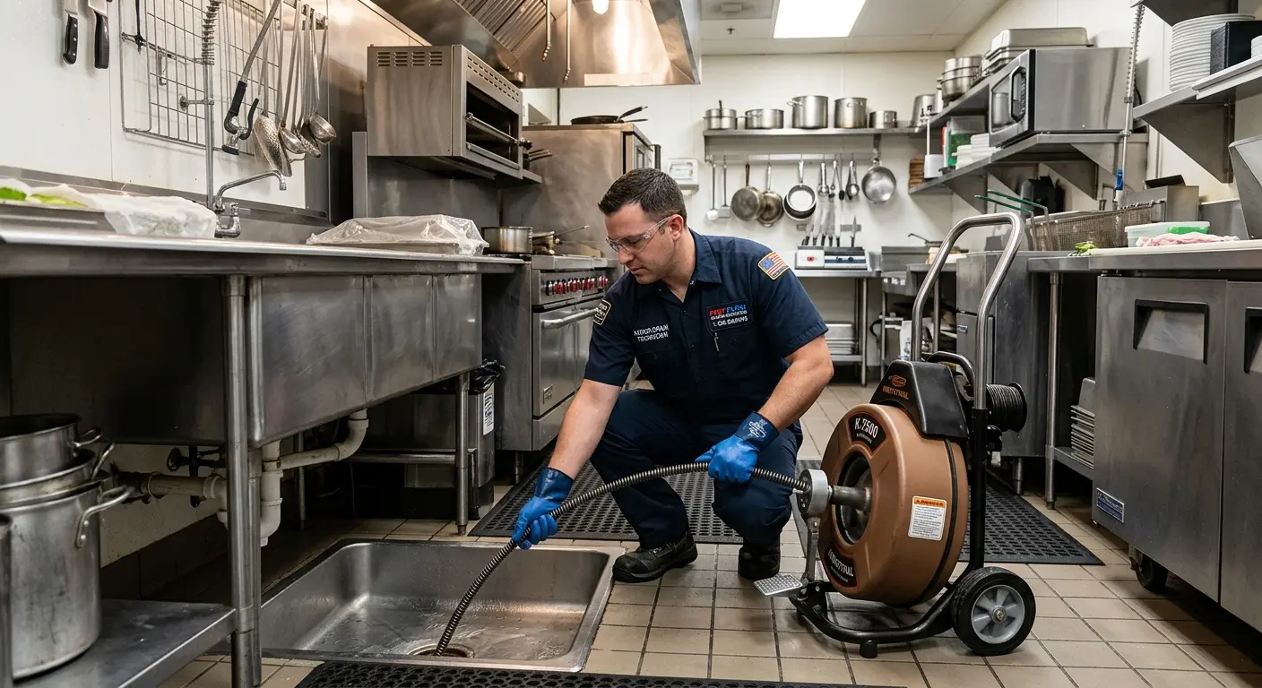 Commercial drain cleaning service in a restaurant kitchen in Penn Forest