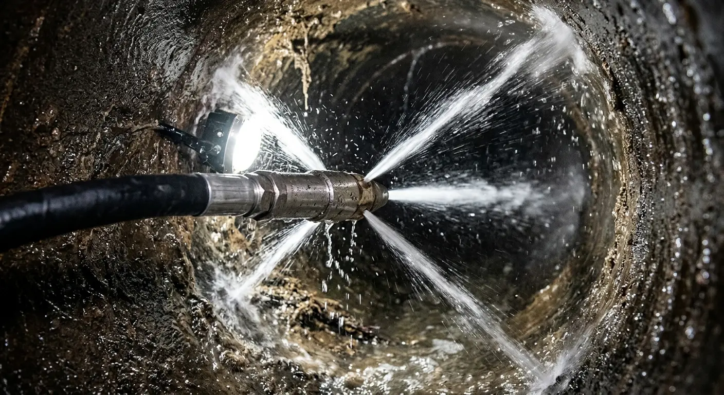 High-pressure hydro jetting nozzle cleaning sewer pipe for Trenchless Sewer Repair in Penn Forest