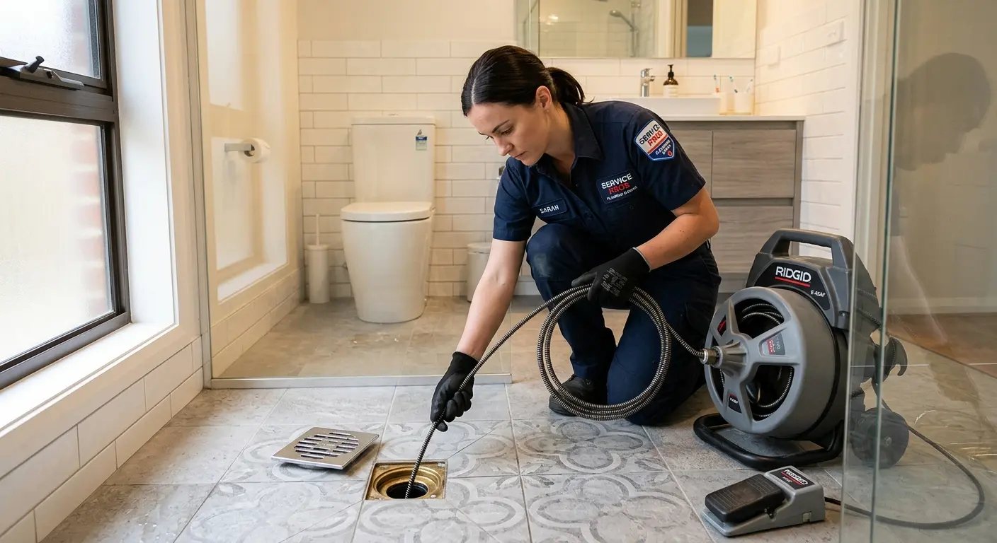 Technician clearing a bathroom floor drain for Clogged Drain Repair in Penn Forest